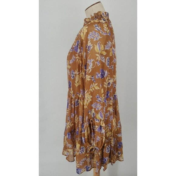 Altar'd State Dress Womens S Brown Floral Tiered Peasant Sleeve Mini Boho Puff - Picture 5 of 10